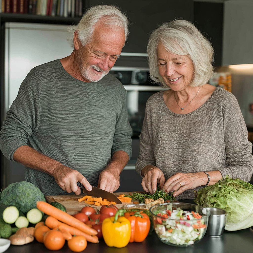Подружжя 55-60 років разом готує здорову їжу, усміхаються під час спільного приготування овочевого салату