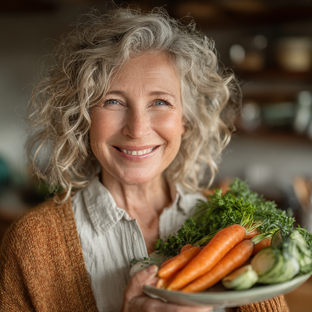 Усміхнена жінка 55 років тримає тарілку зі свіжими овочами та зеленню, демонструючи задоволення від здорового харчування