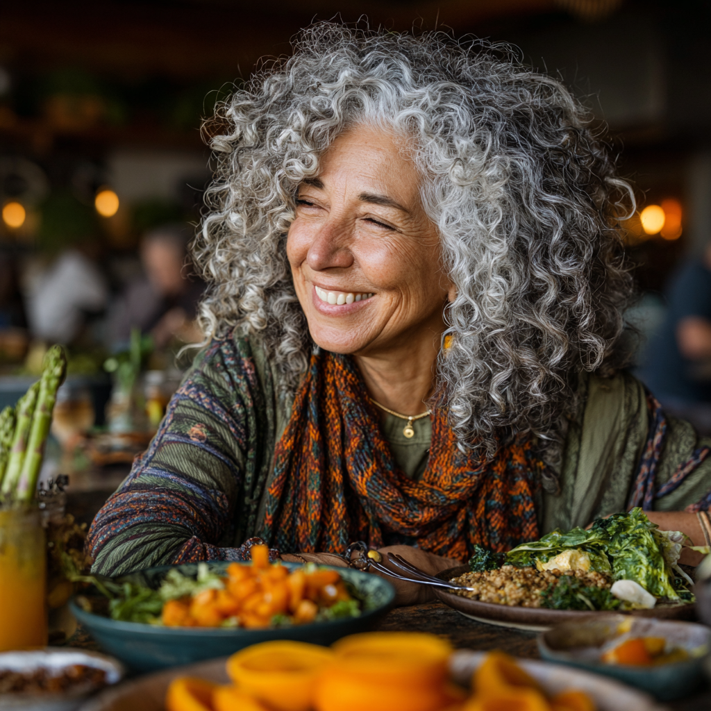 Жінка близько 50 років насолоджується здоровою їжею за столом, усміхається під час вечері з різноманітними корисними стравами